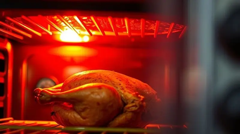 Close-up das resistências elétricas incandescentes de um forno, mostrando o calor intenso enquanto assa um frango dourado.