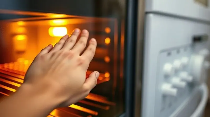 Mão tocando com segurança o vidro externo de um forno de embutir em funcionamento, destacando a tecnologia de vidro duplo.