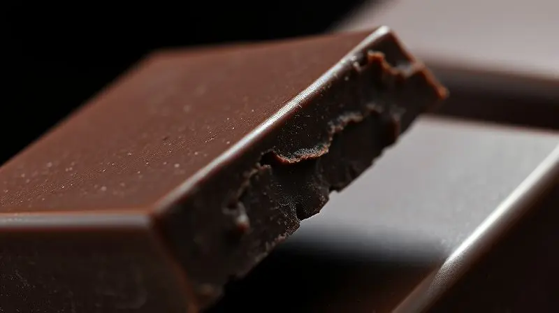 Extreme close-up macro shot of a piece of high-quality dark chocolate being snapped, showing its glossy surface and crisp tex