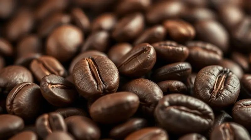 Extreme close-up macro shot of a pile of freshly roasted, high-quality arabica coffee beans, showcasing their detailed textur