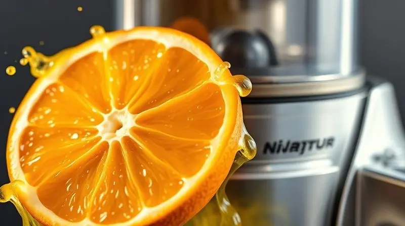 Close-up de um espremedor de frutas em ação, extraindo suco de uma laranja com movimento.