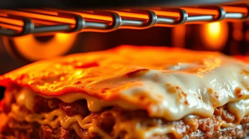 Close-up de queijo derretendo e dourando sobre uma lasanha sob a grelha de um forno, destacando a função grill para criar uma textura crocante.
