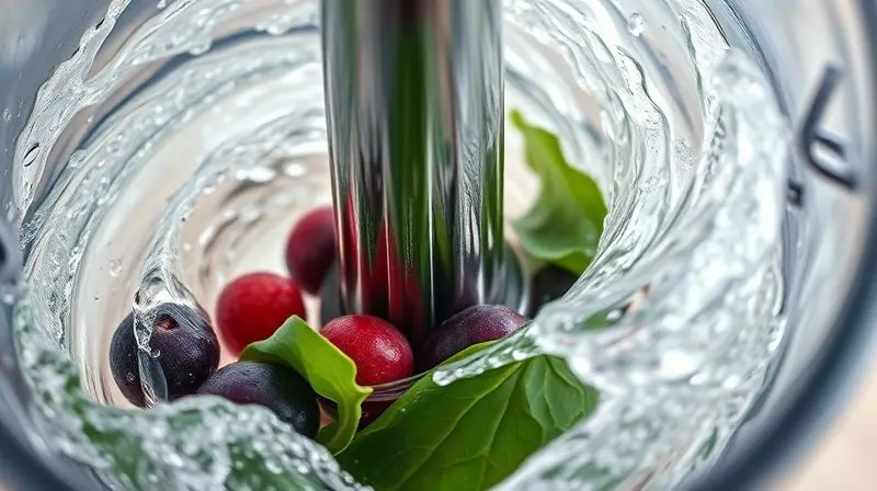 Close-up extremo das lâminas de um liquidificador em ação, criando um vórtice poderoso com frutas e líquidos.