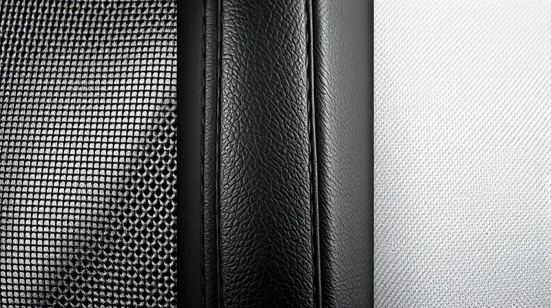 Extreme close-up, macro shot showcasing a side-by-side comparison of different premium chair materials, like breathable mesh,