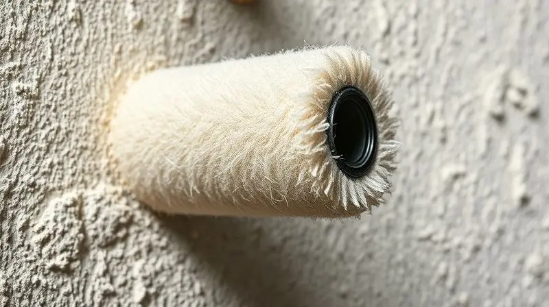 Close-up de um rolo de pintura de pelo alto em contato com uma parede de textura rústica.