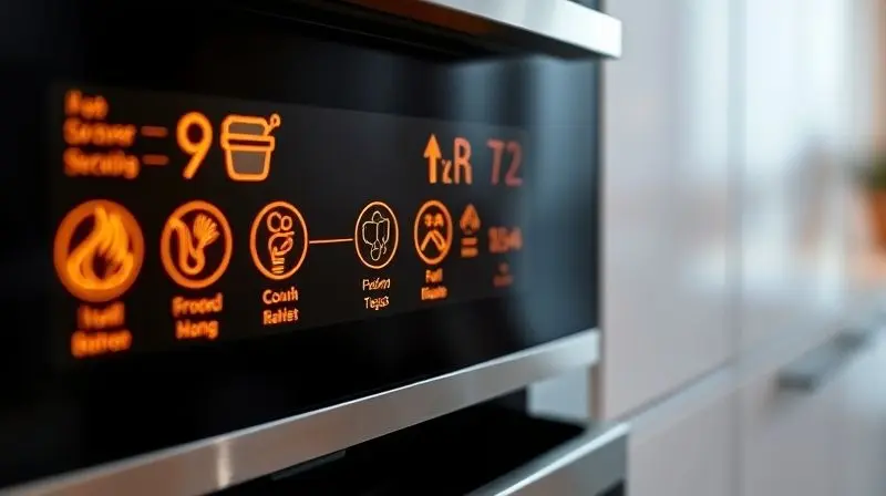 Extreme close-up photorealistic shot of a sophisticated digital touch screen on a modern built-in oven. The panel is illumina
