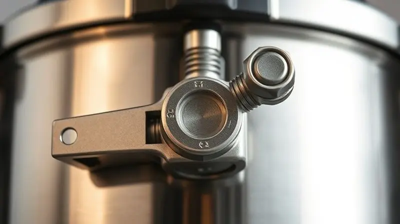 Close-up focado nos mecanismos de trava e na válvula de segurança de uma moderna panela de pressão de inox.