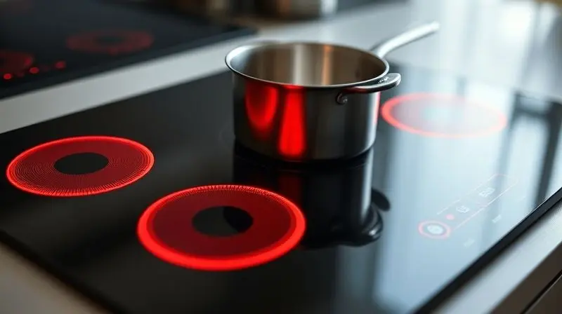 Close-up de um cooktop de indução preto com indicadores circulares de calor em vermelho vivo e uma panela moderna sobre ele.