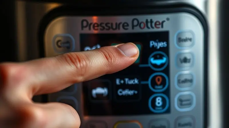 Dedo tocando o painel digital iluminado de uma panela de pressão elétrica, exibindo ícones de programação de receitas.