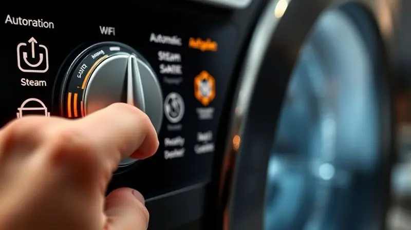 Close-up de um painel de controle moderno de máquina de lavar, destacando ícones de funções e recursos adicionais.