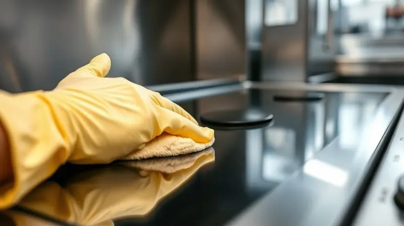 Mão limpando a superfície de aço inox de um fogão industrial, destacando a robustez, o brilho e a durabilidade do material.