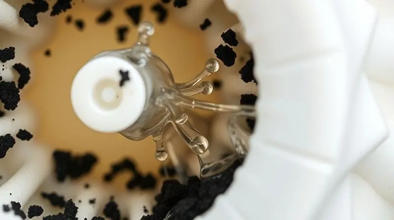 Visão macro da estrutura porosa de uma vela de filtro de cerâmica, com carvão ativado purificando a água que passa por ela.