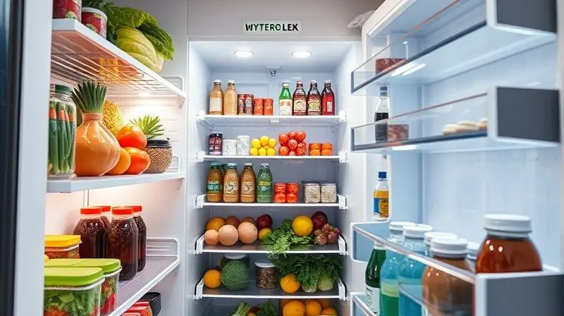 Eye-level shot looking inside a perfectly organized refrigerator, shelves are neatly arranged with fresh vegetables in crispe