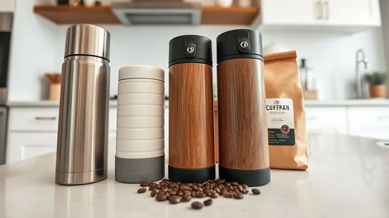 Vários modelos e tipos de garrafas térmicas para café lado a lado em uma bancada de cozinha, representando a variedade de opções no mercado.
