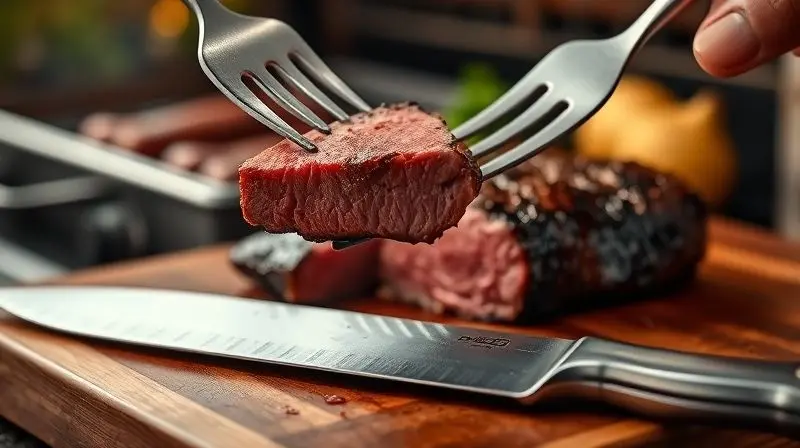 Fatia suculenta de picanha sendo erguida por um garfo de churrasco, ao lado de uma faca afiada sobre uma tábua, simbolizando a conclusão do churrasco perfeito.