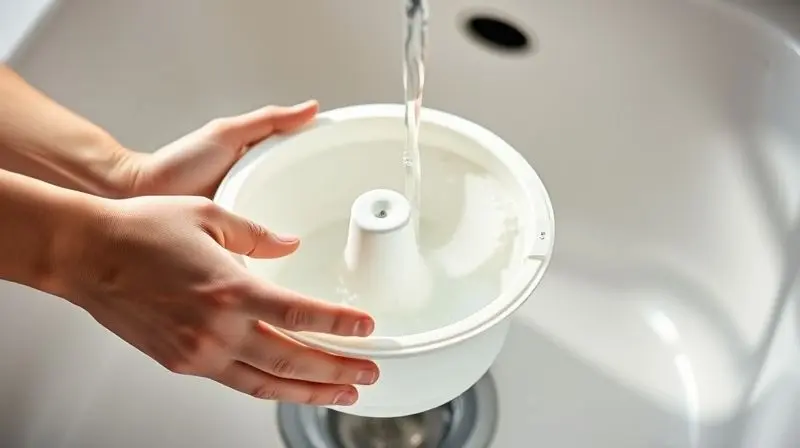 Mãos lavando em água corrente as peças removíveis de uma sorveteira, demonstrando a facilidade de limpeza do aparelho.
