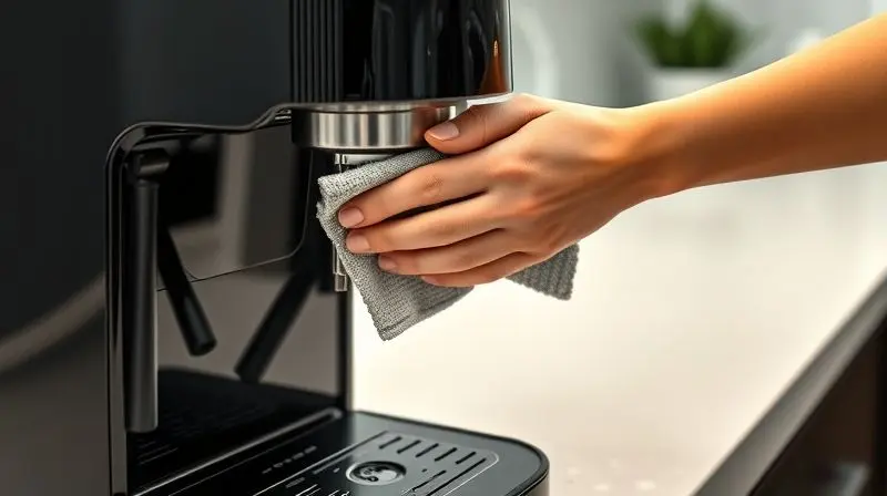 Mãos de uma pessoa limpando com facilidade uma cafeteira moderna e preta, destacando a praticidade de uso e limpeza do aparelho.