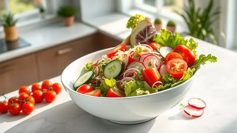 Bowl grande de cerâmica branca com uma salada colorida, demonstrando a finalidade de uso de uma tigela para servir e preparar alimentos.