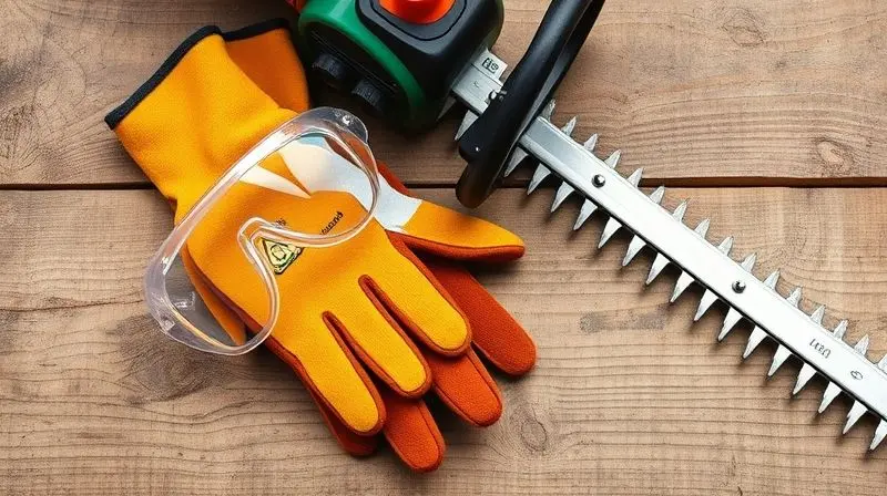 Equipamentos de proteção, incluindo luvas e óculos de segurança, organizados ao lado de um aparador de cerca viva em uma bancada.
