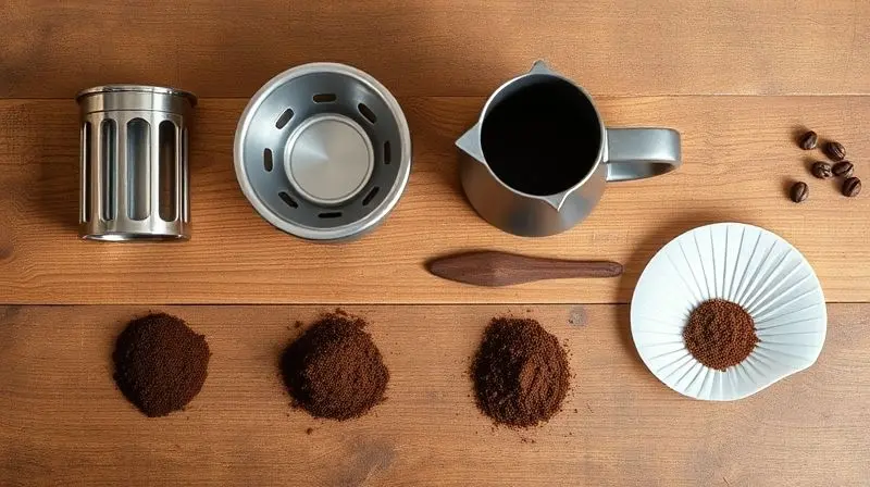 Flat lay of various coffee making devices like a French press, an espresso machine portafilter, a moka pot, and a pour-over d