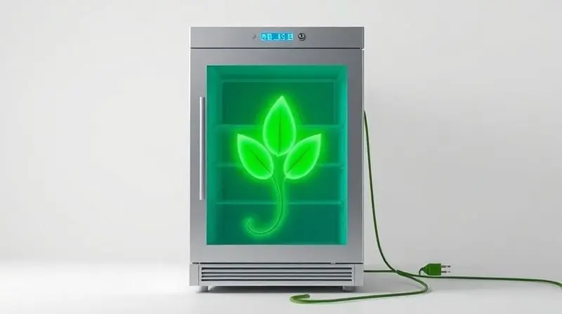 Imagem conceitual de um freezer vertical moderno com uma folha verde brilhante, simbolizando alta eficiência energética e baixo consumo de energia.