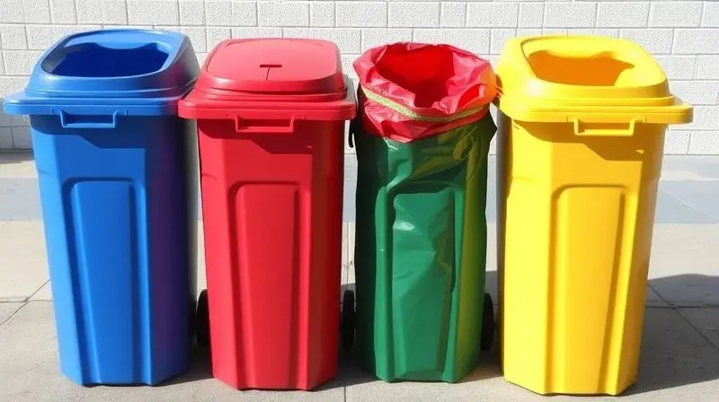 Fileira de lixeiras de coleta seletiva com sacos de lixo nas cores correspondentes: azul, vermelho, verde e amarelo, para reciclagem.