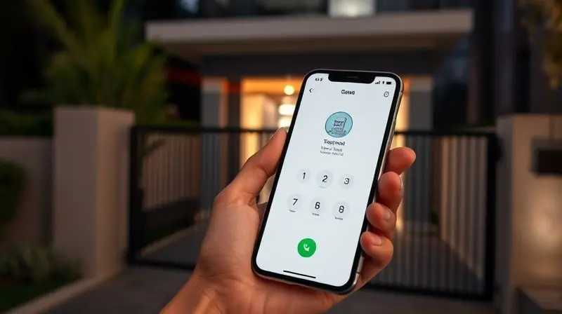 Mão segurando um smartphone que controla um portão, com um sensor de segurança visível ao fundo, destacando tecnologia e proteção.