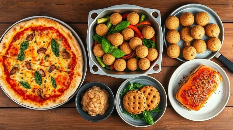 Mesa com vários pratos preparados em um forno de convecção, incluindo pizza, legumes assados e cookies, destacando sua versatilidade.