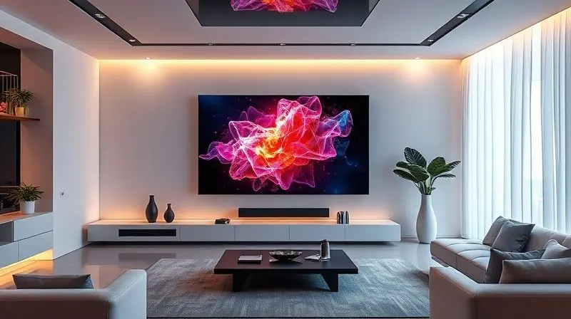 Futuristic photorealistic image of a sleek, transparent, bezel-less TV screen floating in a high-tech living room of the futu