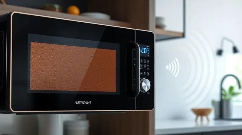 Micro-ondas futurista com tela de toque transparente e design inovador, representando as tendências tecnológicas para cozinhas.