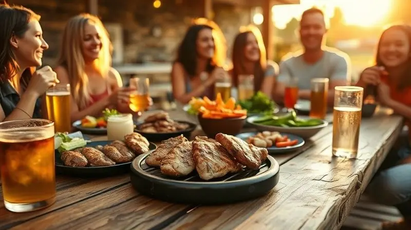 Mesa de madeira com carnes e vegetais grelhados, com amigos felizes ao fundo celebrando um churrasco.