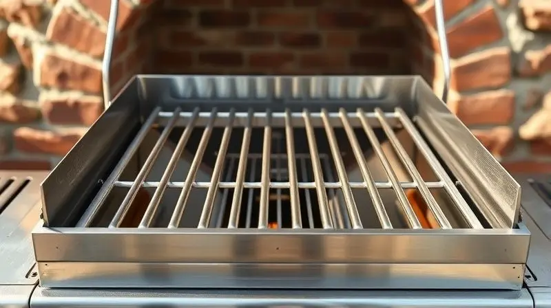 Detalhe de uma grelha parrilla argentina de inox, mostrando o design das canaletas em 'V' e o coletor de gordura, sobre uma churrasqueira de tijolos.