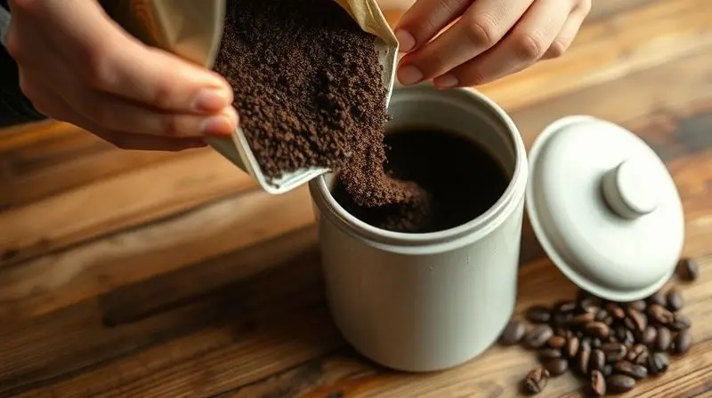 Mãos guardando pó de café em um pote de cerâmica hermético para manter o frescor e o aroma do grão.