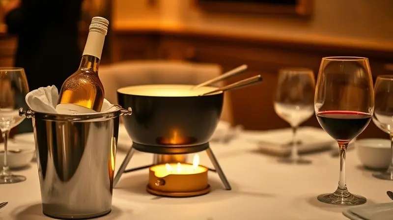 Cena elegante com um aparelho de fondue na mesa, acompanhado de uma garrafa de vinho branco e uma taça de vinho tinto, sugerindo harmonização.