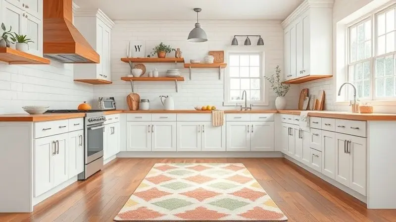Cozinha moderna e bem decorada com um tapete de design geométrico colorido, demonstrando como harmonizar o tapete com a decoração.