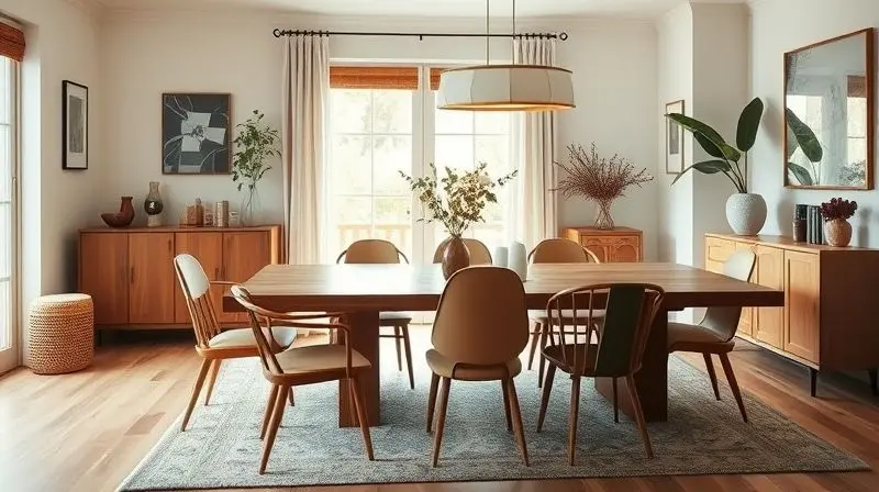 Sala de jantar elegantemente decorada, mostrando como harmonizar cadeiras de diferentes estilos com uma mesa de madeira sob luz natural.