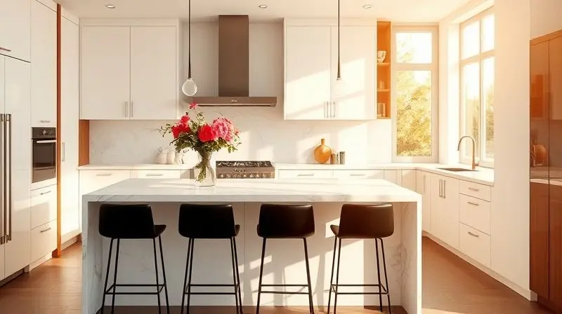 Cozinha moderna e bem decorada com banquetas pretas que harmonizam perfeitamente com a bancada de mármore e os armários de madeira.