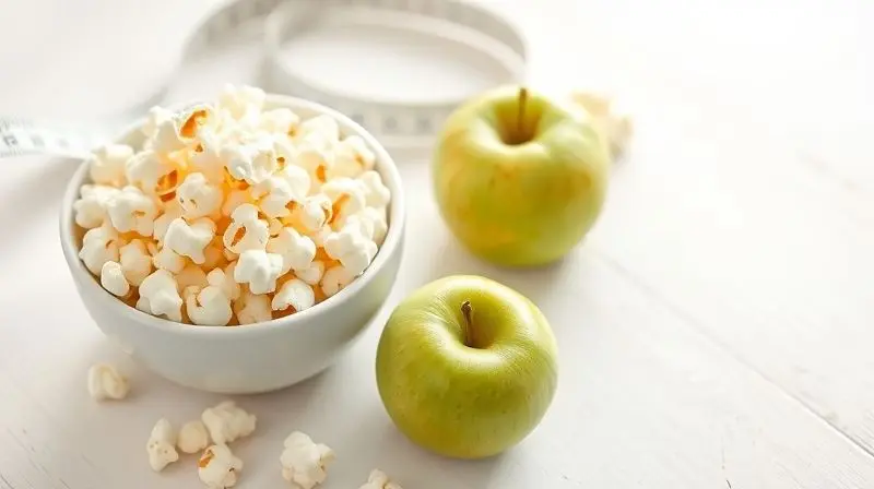 Tigela com pipoca feita sem óleo ao lado de uma maçã verde e fita métrica, ilustrando um lanche saudável e fitness.