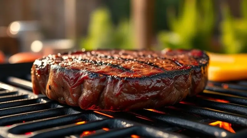 Close-up de uma peça de picanha suculenta grelhando em uma churrasqueira, com marcas de selagem perfeitas, destacando a importância da grelha.