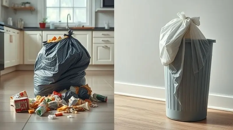 Comparativo visual da importância do saco de lixo: à esquerda, um saco rasgado vazando lixo; à direita, um saco resistente e funcional.
