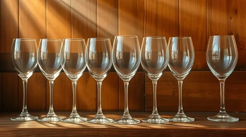 Diversos formatos de taças de vinho alinhadas em uma prateleira de madeira, mostrando como a luz passa por cada uma.