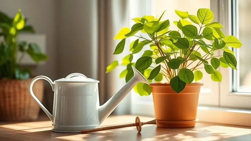 Regador ao lado de um vaso de planta saudável, ilustrando a importância de regar corretamente para o cuidado e crescimento das plantas.