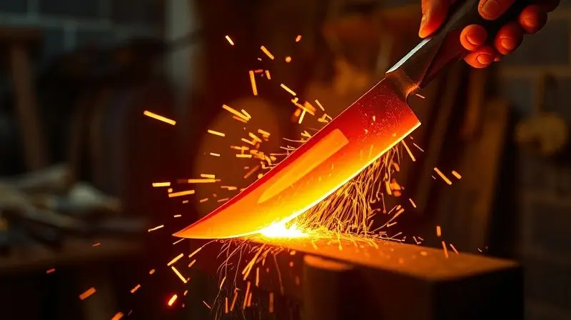 Lâmina de faca incandescente sendo forjada por um ferreiro em uma bigorna, com faíscas voando, demonstrando o processo de tratamento térmico do metal.