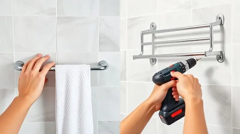 Comparativo de instalação de toalheiro: uma pessoa usando fita adesiva de alta fixação e outra usando uma furadeira para fixar com parafusos.