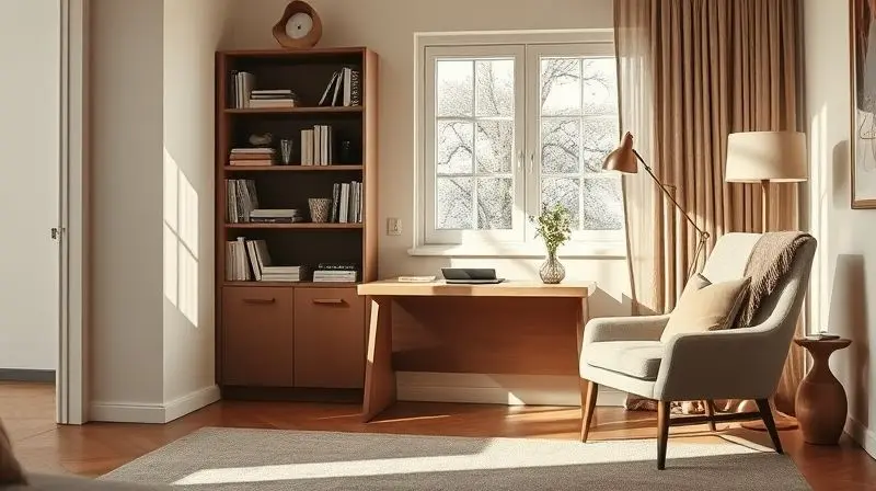 Canto de uma sala de estar decorada com uma escrivaninha minimalista perfeitamente integrada ao estilo do ambiente.