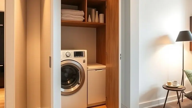Máquina lava e seca única e compacta instalada em um nicho de um apartamento pequeno e bem decorado, otimizando o espaço.