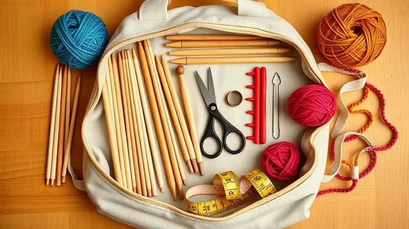 Kit de tricô para iniciantes com agulhas, novelos de lã coloridos, tesoura e outros acessórios essenciais para começar.