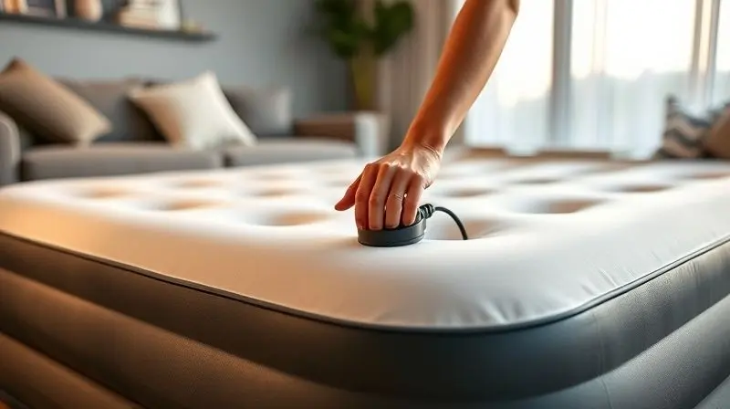Pessoa enchendo um colchão inflável em uma sala, utilizando a prática bomba elétrica embutida no produto.