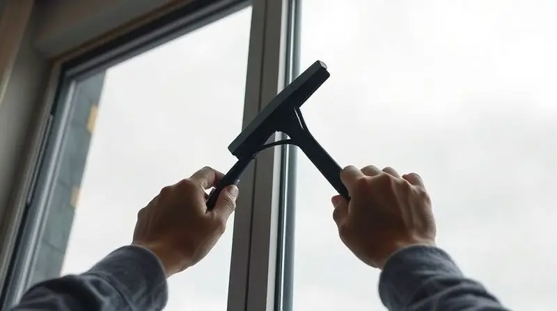Pessoa limpando uma janela com um rodo em um dia nublado, condição de luz ideal para evitar que o produto seque rápido e cause manchas no vidro.