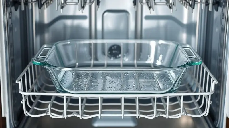 Uma assadeira de vidro limpa e brilhante sendo colocada com cuidado dentro de uma máquina de lavar louças moderna.